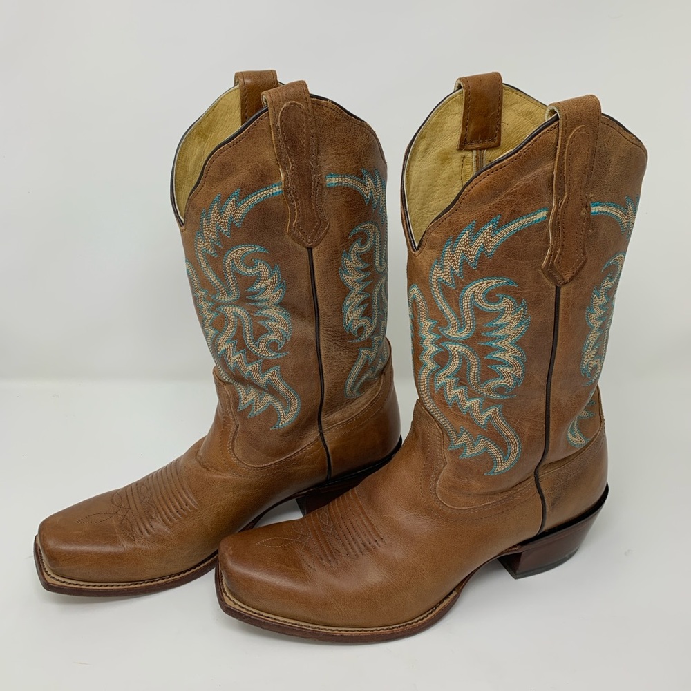 Leather Square Toed Cowboy Boots sz 8 1/2 B